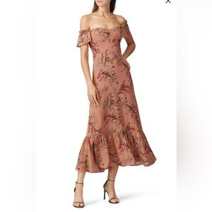 Reformation Floral Off-Shoulder Midi Dress in Pink and Red